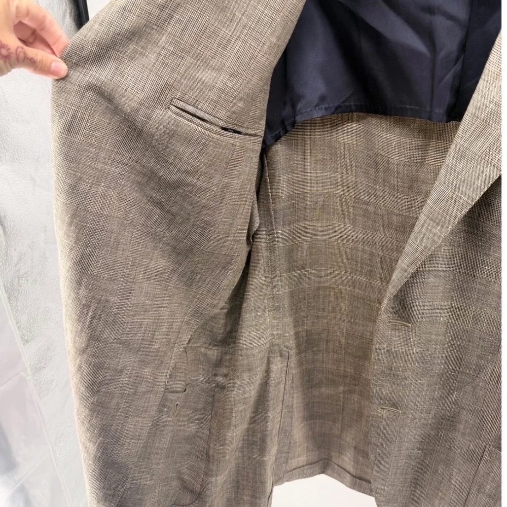 Faconnable Wool Linen Blend Plaid  Mens‎ XL Brown Unstructured Blazer 0836